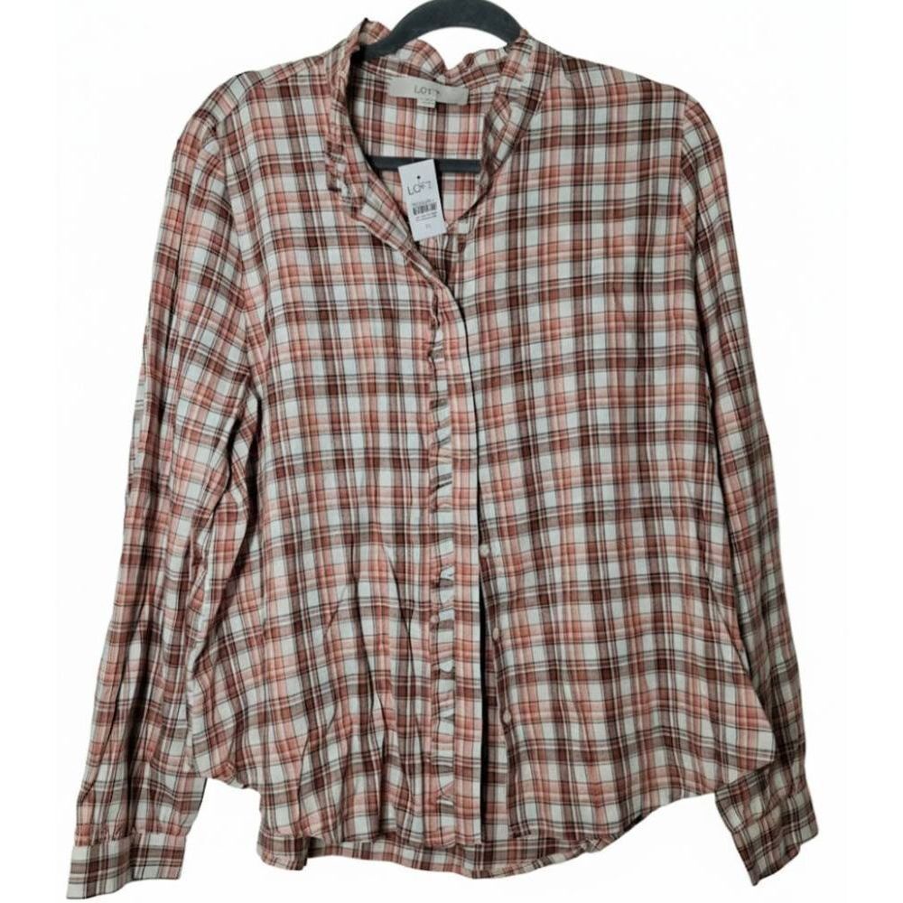 Ann Taylor womens xl tartan plaid shirt western cowboy rust coral peach blouse